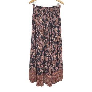 ANGIE Boho‎ Paisley Print Tiered Maxi Skirt Black Boho Festival Womens Large